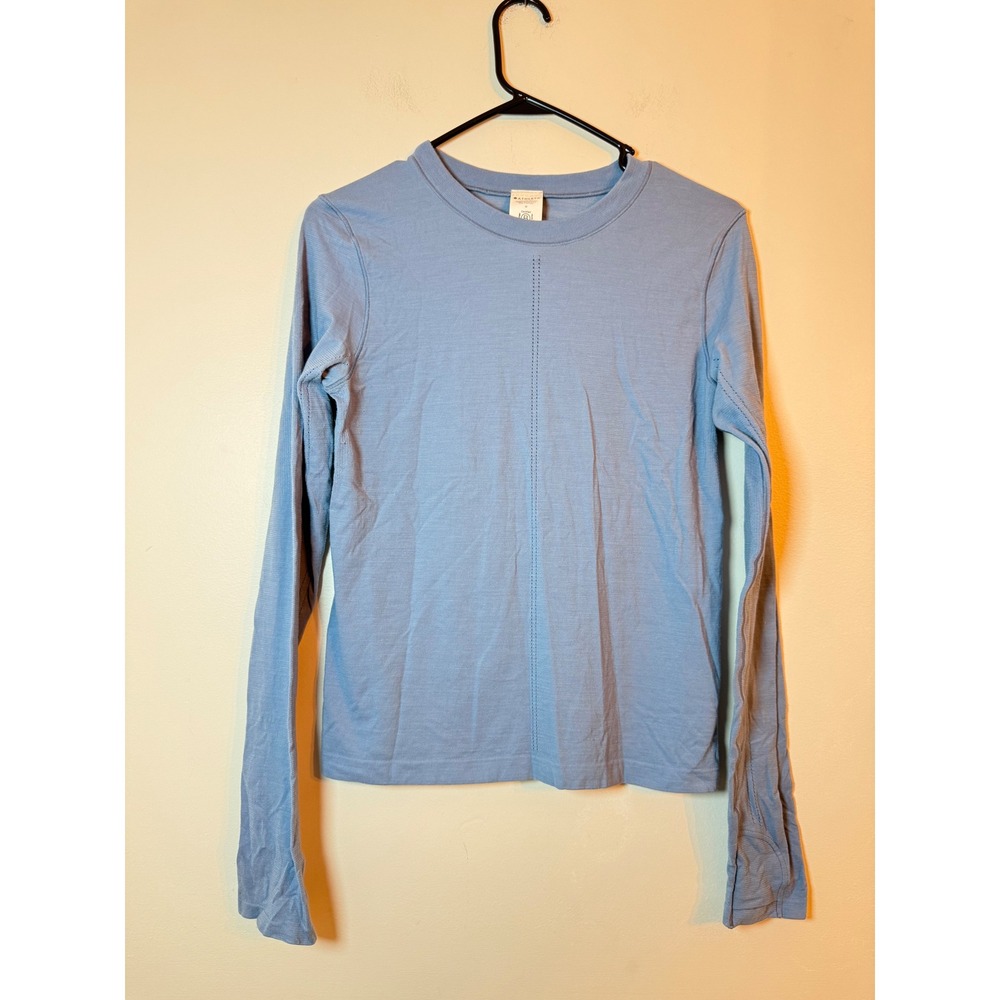 Athleta Long Sleeve Top Womens Medium Blue Wool Blend Pointelle Thumbhole Active